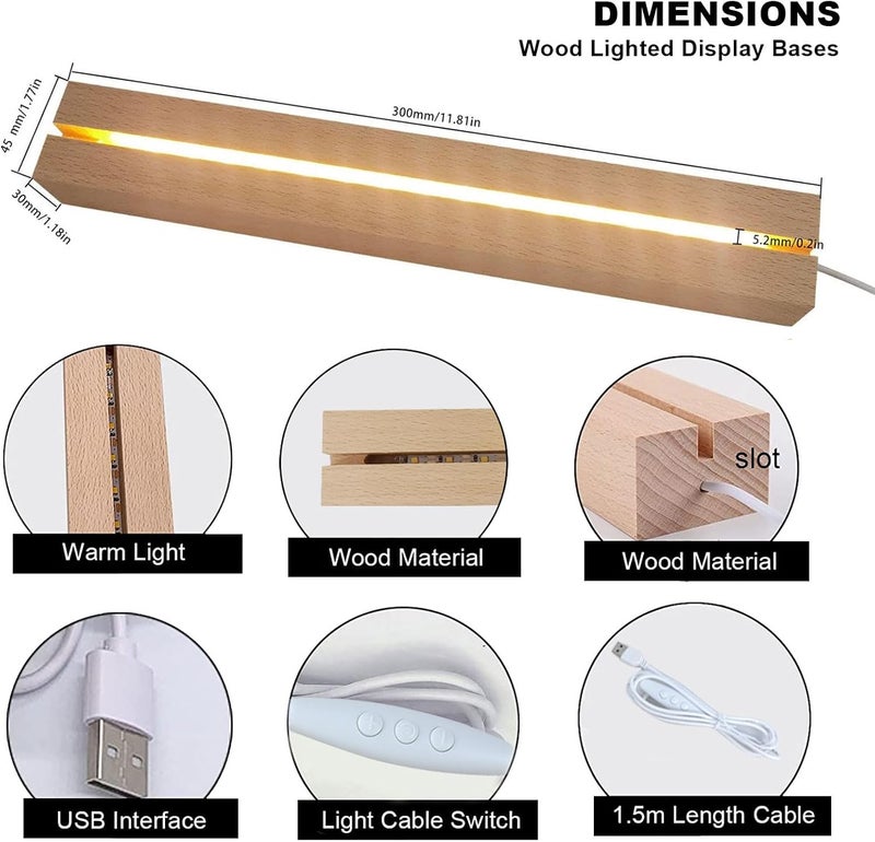 Big King 2 Pcs 11.81 Inch Wooden LED Light Display Pedestal, Wooden Rectangle LED Lights Display Base for Acrylic and Plexiglass,Night LED Light Lamp Base with USB Switch (7 Color) - Image 2